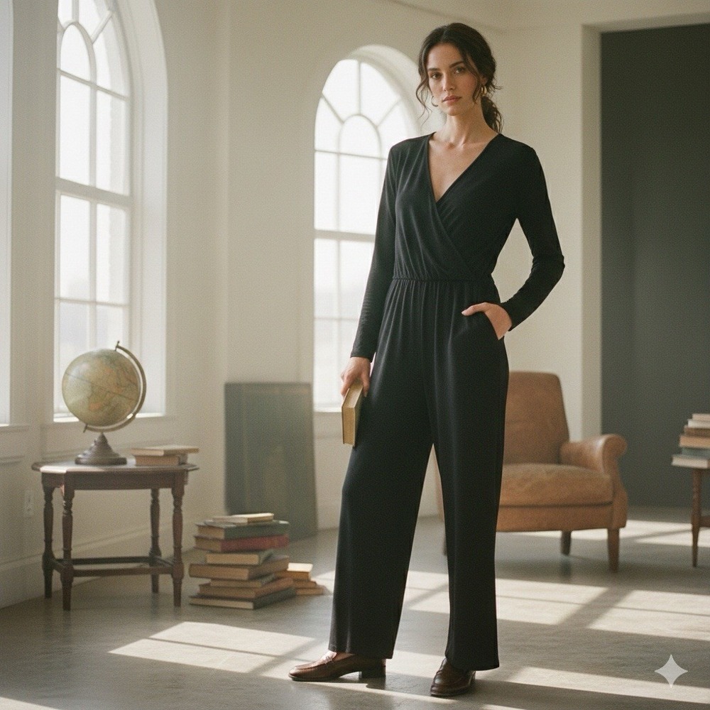 Chic Black Long Sleeve Wide Leg Jumpsuit Petite Small Dark Academia Minimalist